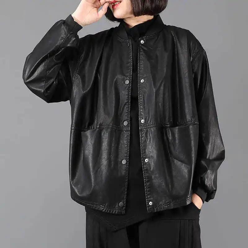 Frauen Lose Leder Jaet Mantel Herbst Neue Sle plus Größe Faionable Stehkragen Svel Vinyl Material Oberbekleidung