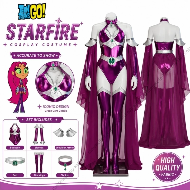 teen-titans-starfire-cosplay-costume-shiny-purple-bodysuit-arm-sleeves-belt-collar-halloween-carnival-comic‑con-outfit