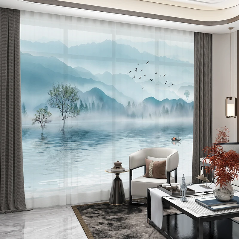 

Custom Chiffon Sheer Curtain Window Drape for Bedroom Living Room Mountain Hills River Boat Sunrise Trees Landscape