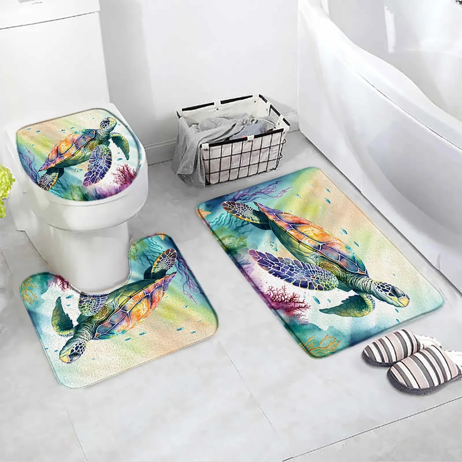 Sea Turtle Bath Mat Set Starfish Coral Watercolour Ocean Animal Home Bathroom Decor Flannel Carpet Non-Slip Rug Toilet Lid Cover