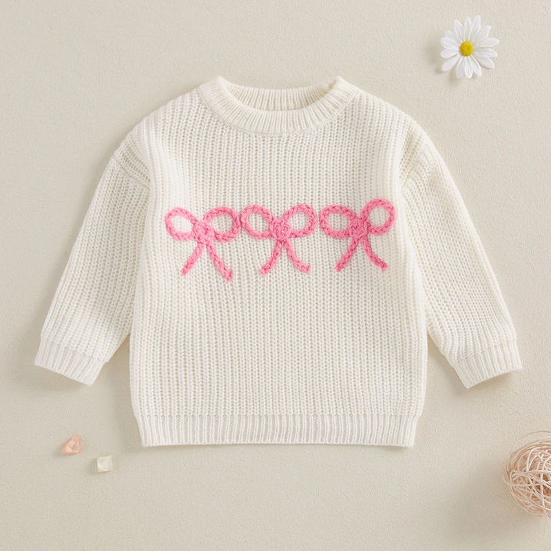 Newborn Girl Sweater Casual Bow Embroidery Warm Knitted Long Sleeves Pullover Infant Knitwear for Toddler