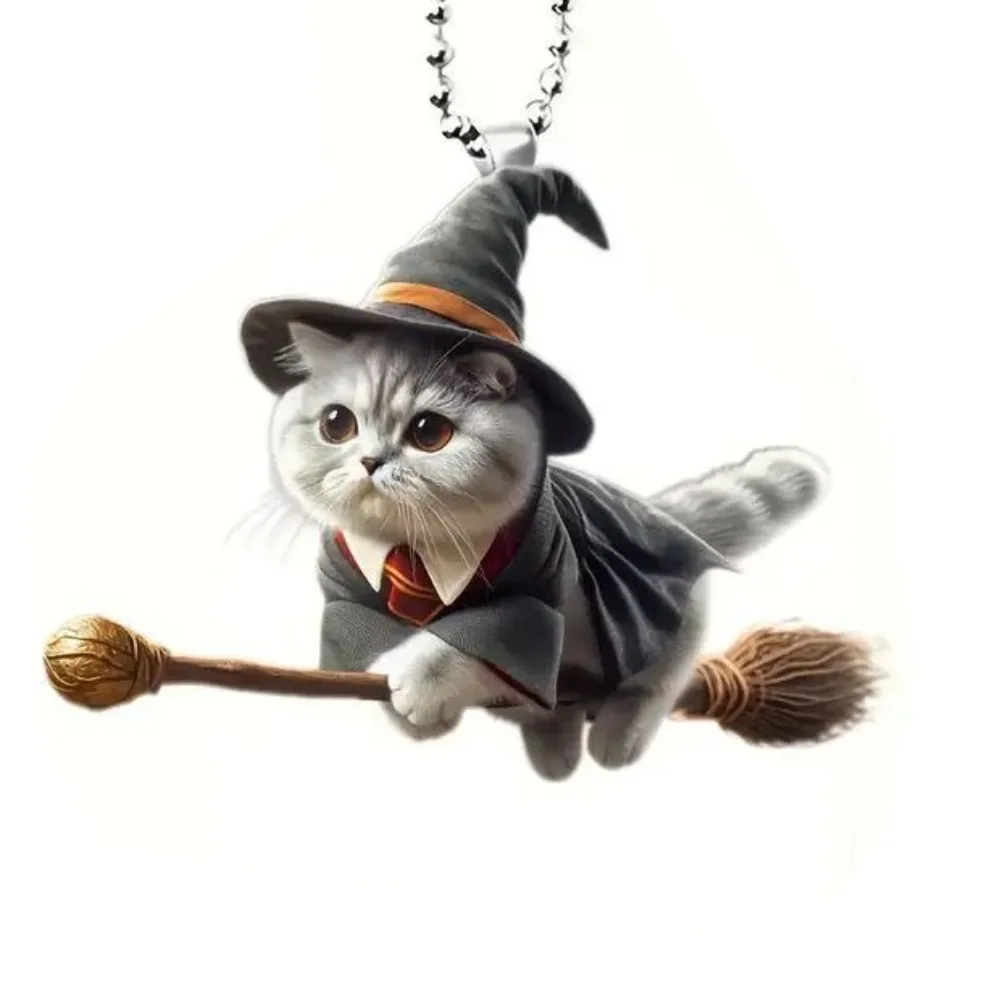 2D Cute Magic Flying Cat Car Hanging Pendant with Lanyard Acrylic Rearview Mirror Pendant Swing Pendant Keychain Decoration