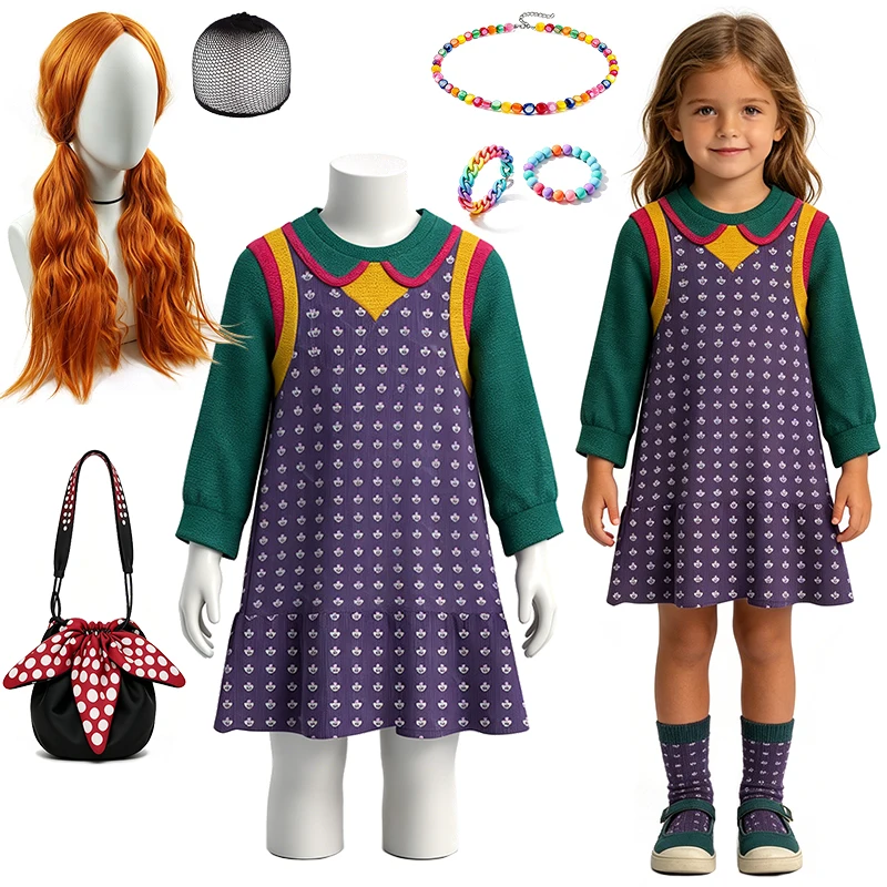 Vintage 80s Stranger Thing Fancy Girl Dress Halloween Cosplay TV Character Holly PerformanceTheme Party Carnival Kids Clothes