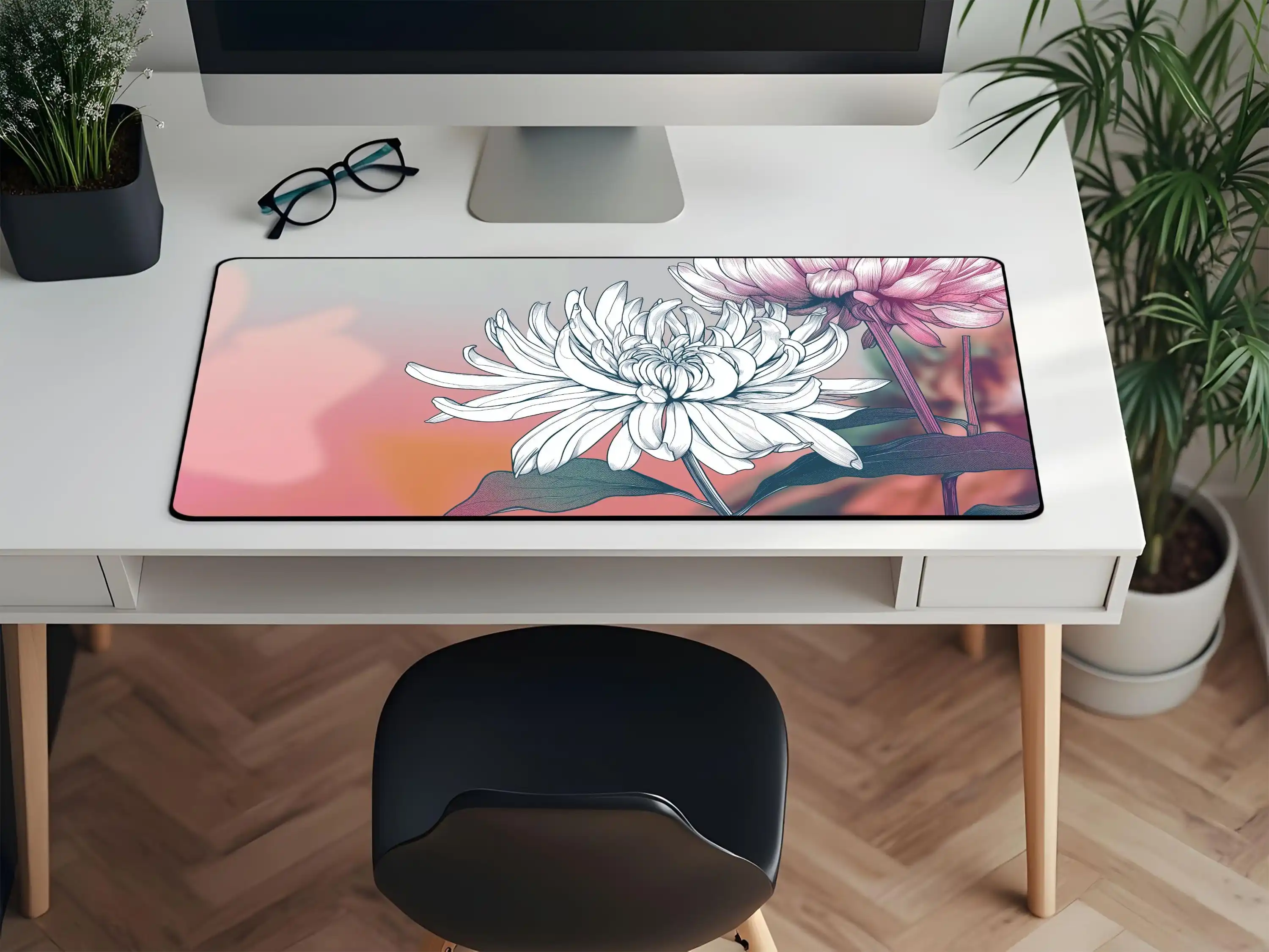 

Blush Floral Deskmat, White Chrysanthemum Mouse Pad, Waterproof Deskmat, Writing Desk Mat,cute Desk Decoration Kawaii Desk Pad
