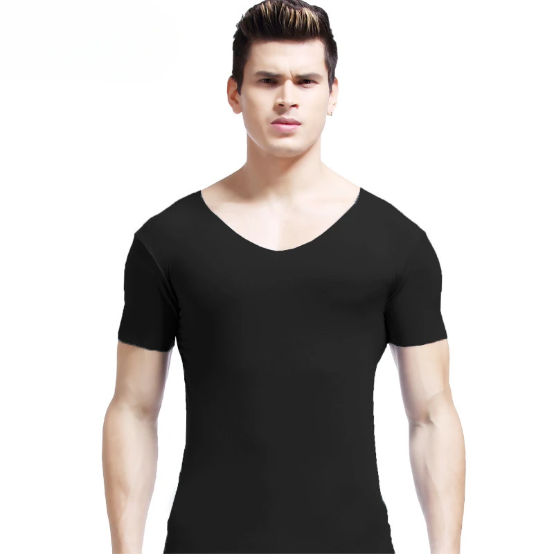 T Shirt For Men V-Neck Tight Seamless Bottoming Shirt Summer Slim-Fitting Underwear Undershirt Wrestling Bodybuilding Blouse