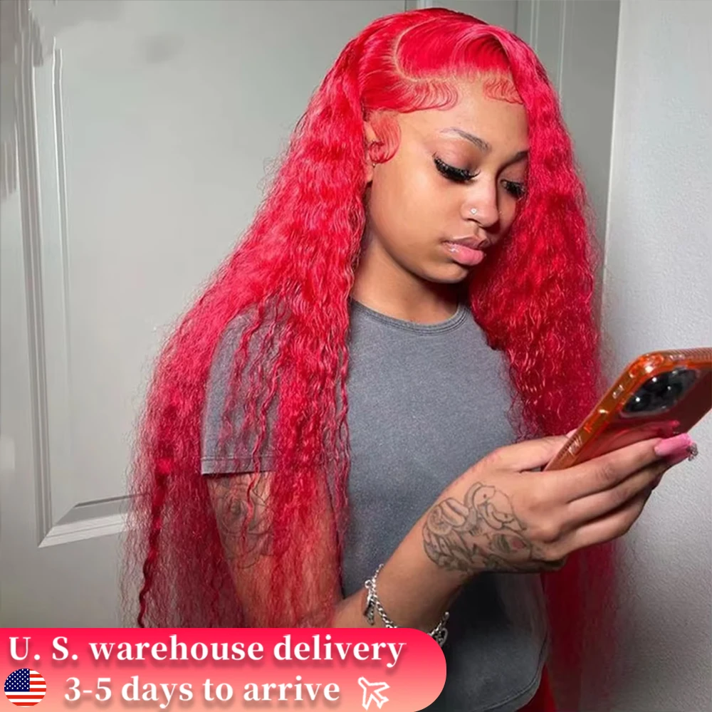 

200% Red Colored Water Wave Hd Lace Front Human Hair Wig 30 36 40Inch Brazilian Kinky Curly Wigs Deep Wave 13x6 Lace Frontal Wig