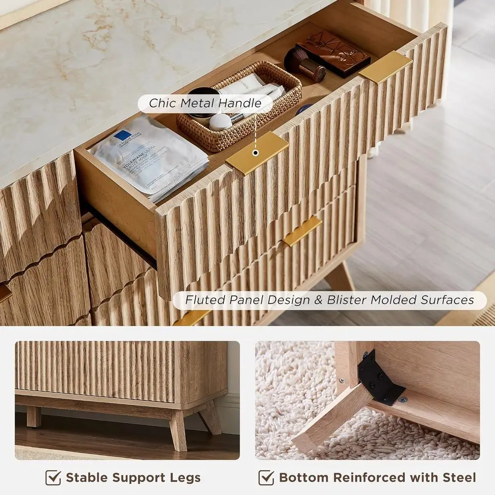 Komoda DAFIFY z 8 szufladami, szeroka o 54 calach, nowoczesna komoda z blatem imitującym marmur, zakrzywiony kształt, drewniany organizer do sypialni, salonu, przedpokoju