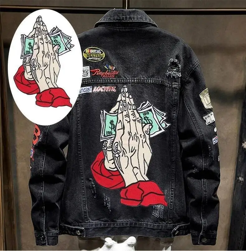 Large Dollar Sew On Patch Funny Clothes for Praying for Wealth Decorative Sewn Palm Patch DIY Denim Coat Motorcycle Men's Patch