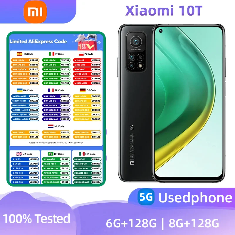 Xiaomi 10T 5g Smartphone CPU Snapdragon 865 Android 6.67 inches RAM 6GB ROM 128GB 64MP Camera Original Used phone