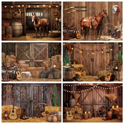 Western Cowboy Barn Farm Horse Photography Backdrop Haystack Wood House Door Birthday Party Decor Background Photo Studio Props