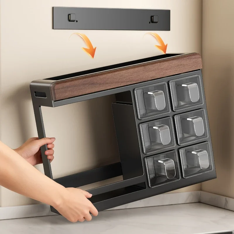Walnut Wood Kitchen Spice Rack Wall-Mounted Seasoning Box and Jar Storage Unit Household Spice Organiser