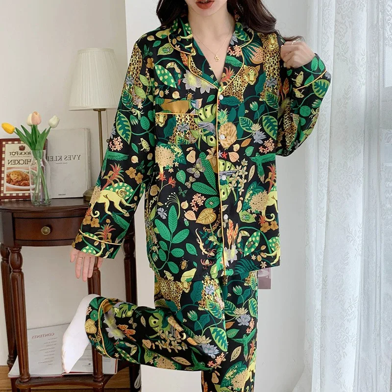 Women\'s Pajamas Sets Spring Autumn 2 Piece Leopard Print Pyjama Faux Silk Satin Sleepwear Long Sleeve Pijama Mujer Pjs Homewear