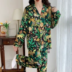 Women's Pajamas Sets Spring Autumn 2 Piece Leopard Print Pyjama Faux Silk Satin Sleepwear Long Sleeve Pijama Mujer Pjs Homewear