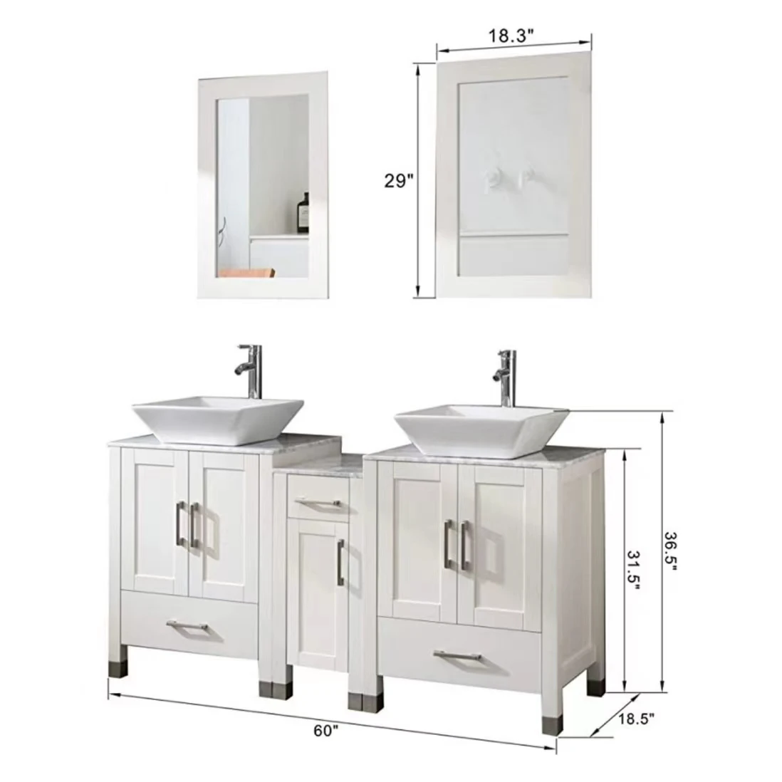 

60-дюймовый туалетный столик для ванной комнаты, двойная раковина, белое массивное дерево со столешницей из барьера