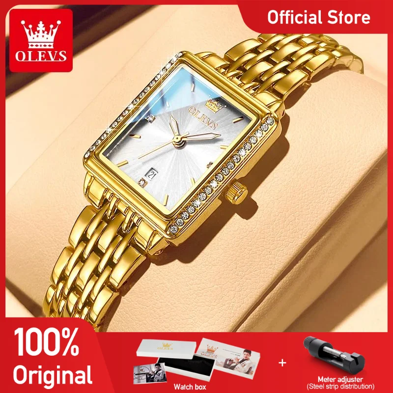 

OLEVS 9995 Womens Watch Original Quartz Watch Waterproof Luminous Date Ladies Square Watch Bracelet Set Gifts Genuine Product