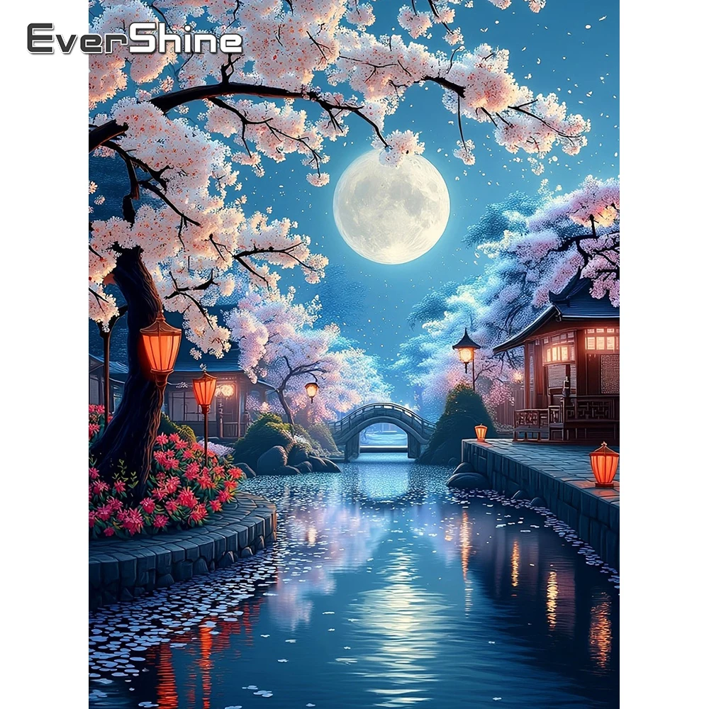 Evershine 5D Diamant-Stickerei Landschaft Kirschblüten-Gemälde Haus Strass-Bild Mosaik Brücke DIY Mond Wandkunst