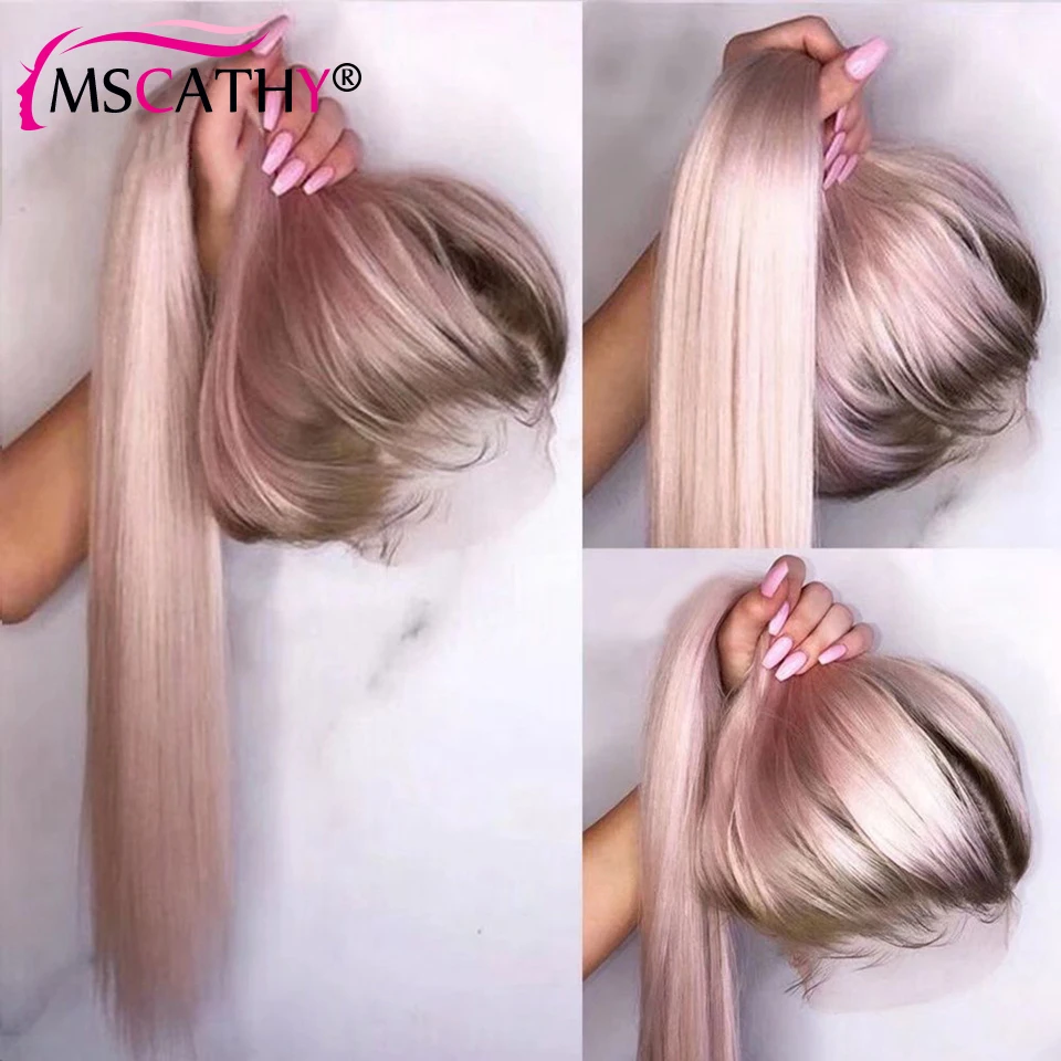 Perruque Lace Front Wig brésilienne naturelle lisse ombrée, rose clair, violet, vert, perruque Lace Front Wig transparente, pour femmes