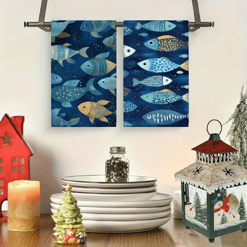 2 Piece Vintage Fish Printed Kitchen Towels Soft High Absorbent Dish Towel For Cooking Baking Cleaning Kitchen Decorative Towels