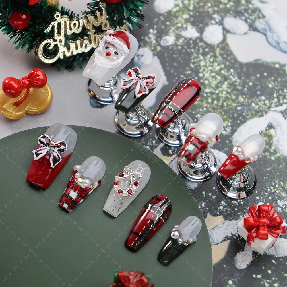 10pcs Handmade Press on Nails Christmas Gifts Santa Claus Bow Decor False Nail Patch Wearable Red French Ballet Fake Nail Tips