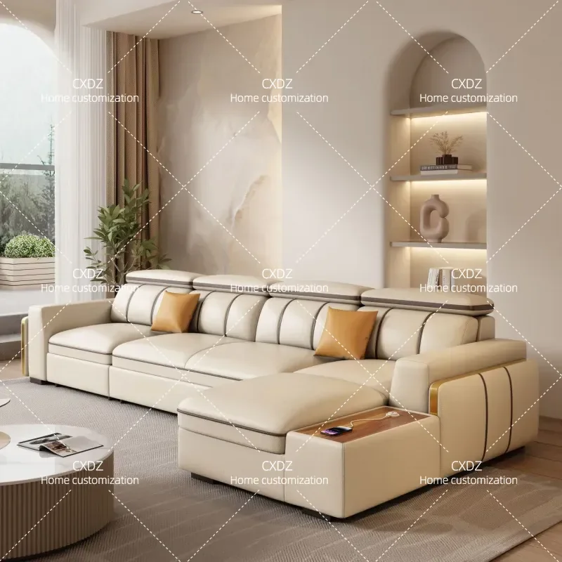 First class leather functional electric sofa first layer cowhide living room storage retractable sofa bed dual-purpose
