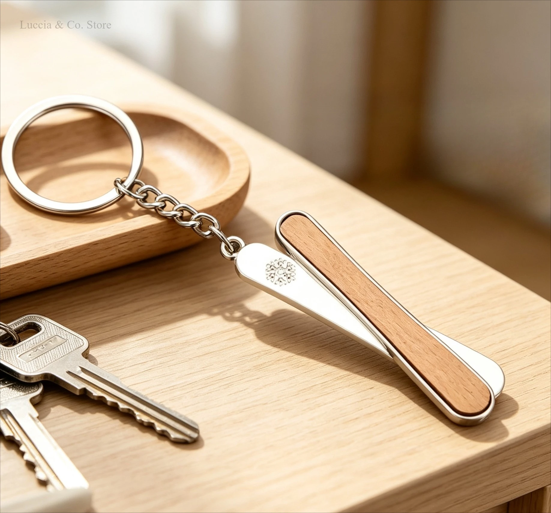 Blank Ski‑Shaped Beech Wood Alloy Metal Key Ring Custom Laser Engraved Keychain Charm Pendant Winter Holiday Present