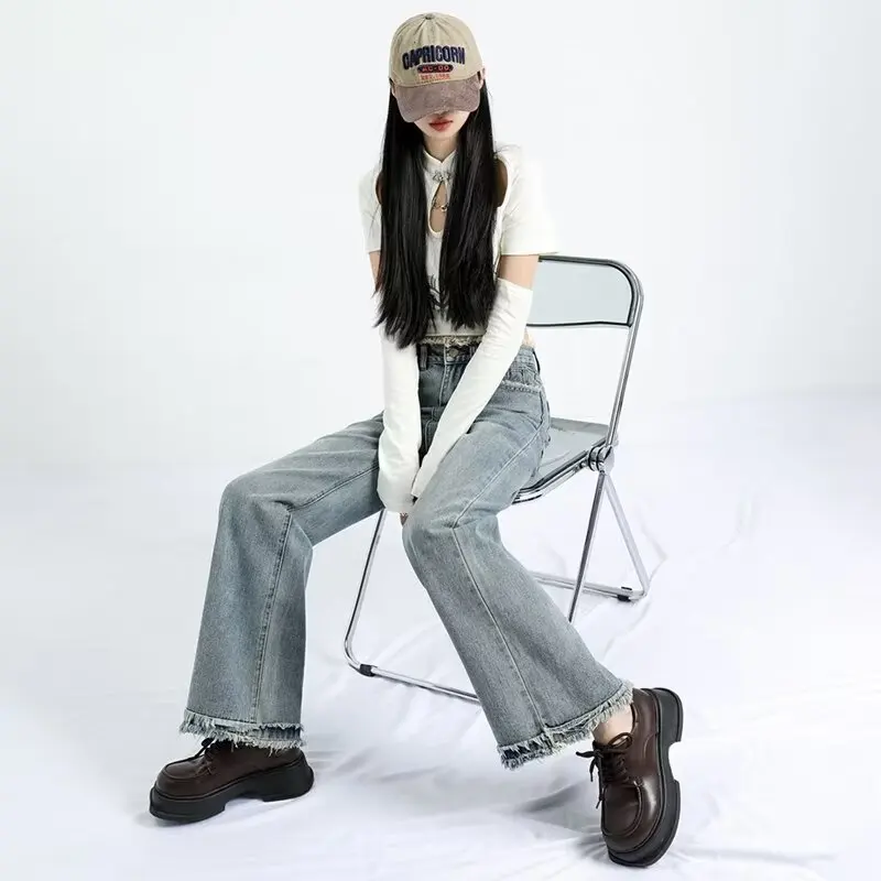 

Джинсы женские с необработанными краями в стиле пэчворк с карманами, прямые свободные повседневные универсальные дизайнерские темпераментные джинсовые брюки с высокой талией, новинка осени