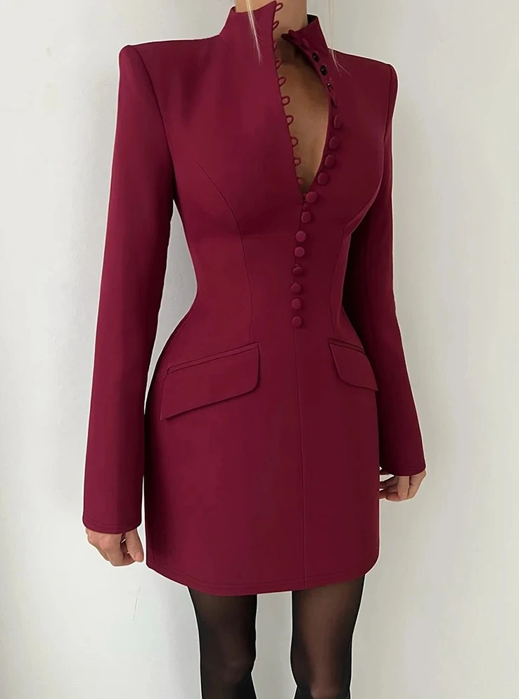 

Office Style Mini Dress Woman Stand Collar Full Sleeve Button Pocket Decoration Daily Casual Solid Simple Fashion Bodycon