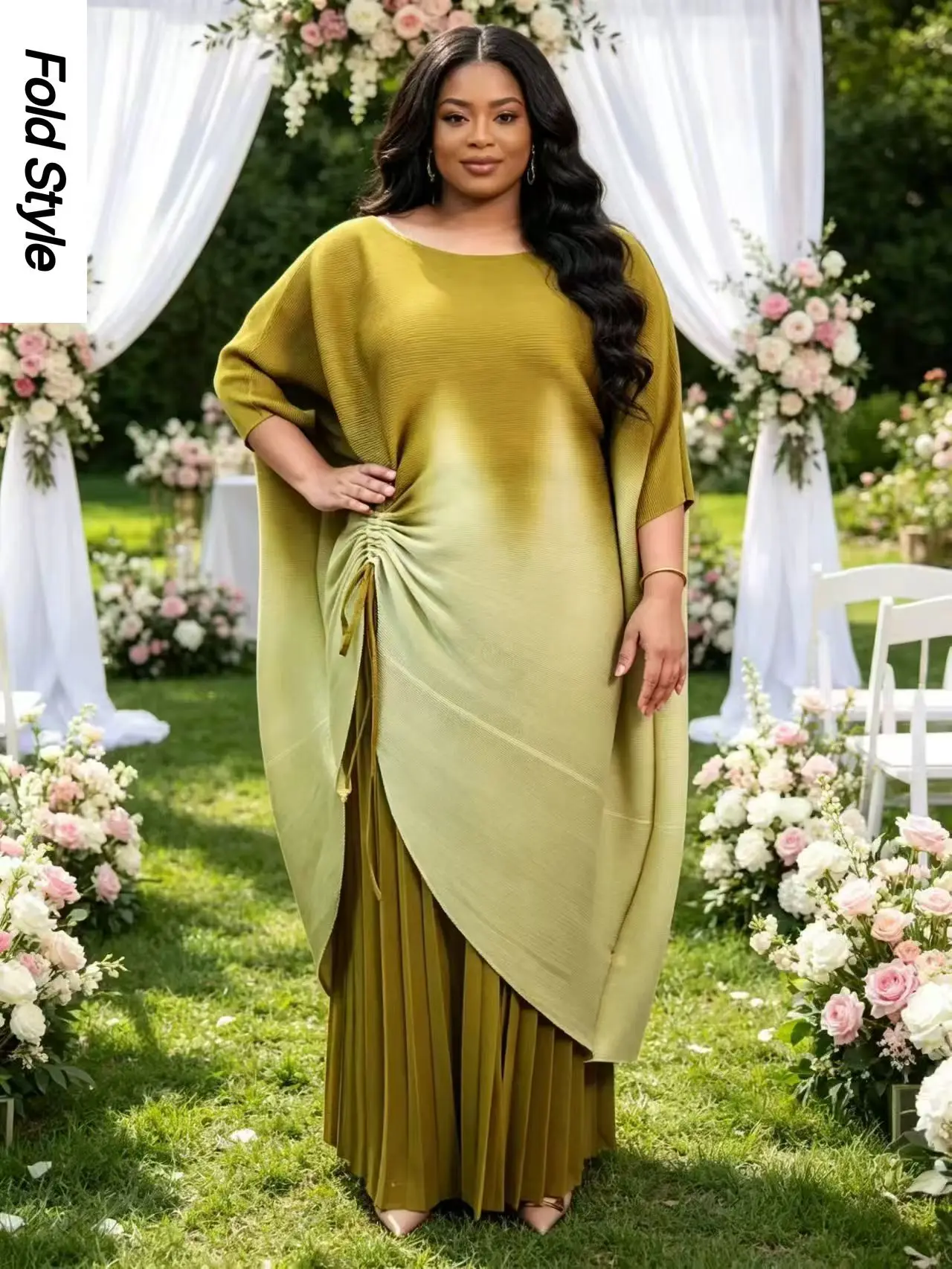 

2026 Miayke New Bat Sleeve Fashion Loose Drawstring Gradual Change Top Wide Leg Two-piece Set Women