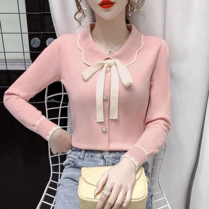 Spring Autumn Bow Patchwork Elegant Sweaters Long Sleeve All-match Youth Knitting Pullovers Top Korean Fashion Women Clothing