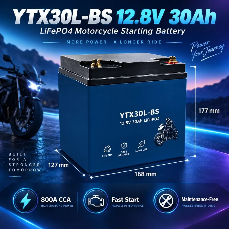 YTX30L‑BS 12.8V30Ah LiFePO4 Motorcycle Starting Battery Replacement Power Pack for Harley Scooter Underbone Motor Storage Supply