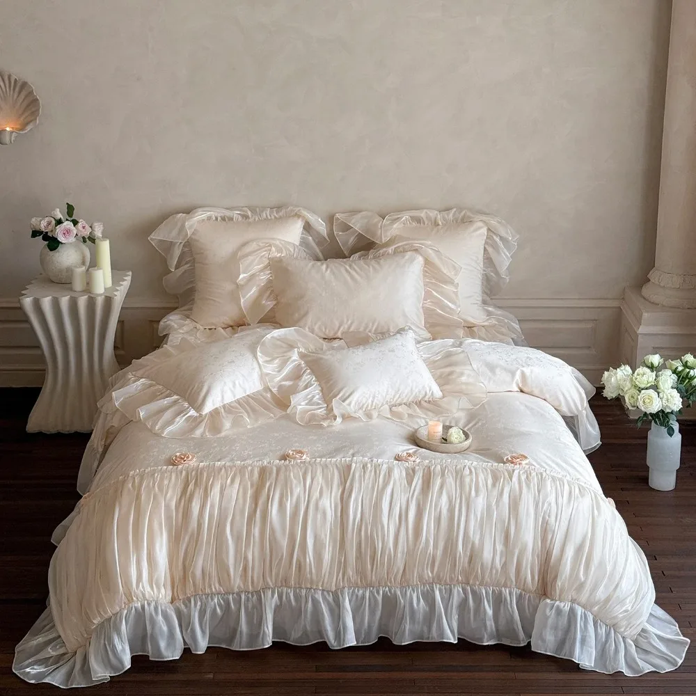 4Pcs Luxury Princess Wedding Bedding Set 1000TC Egyptian Cotton Jacquard Ruffled lace Ruffles Duvet Cover Bed Sheet Pillowcases