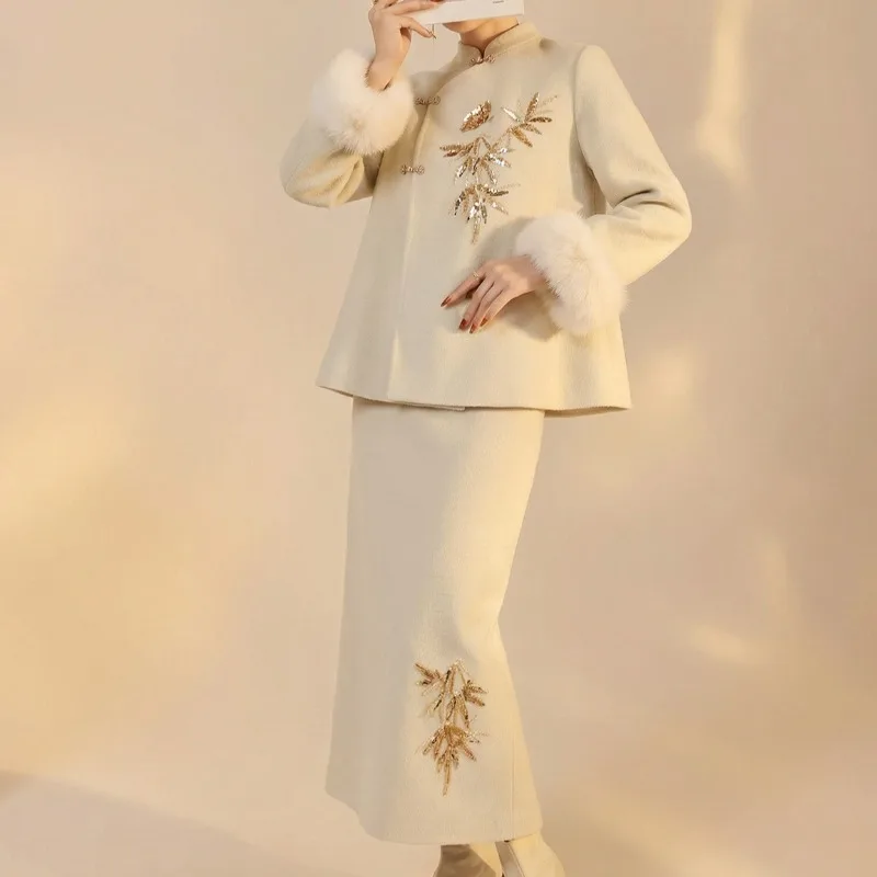 Winter High-end Chinese Style Button Embroidery Design Jacket Top + Skirt Suit for Women Suitable for Dating Travel Parties
