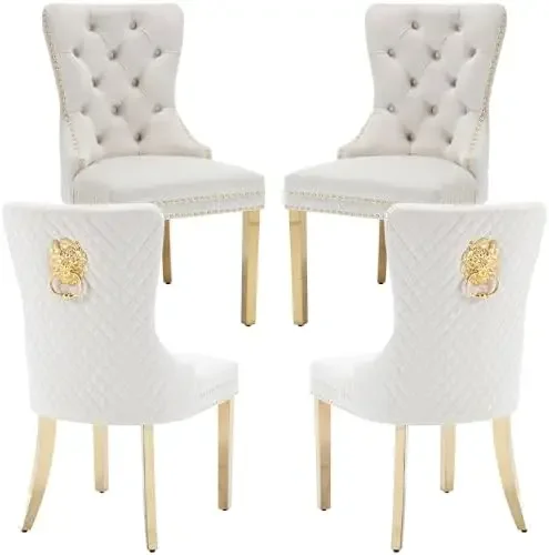 Velvet Dining Chairs Set of 4, Upholstered Dining Room Chairs, Mid-Century Modern Chairs with Diamond Lattice Tufted