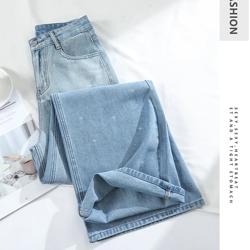 

Gradient Blue Ripped Holes Jeans for Women 2025 Summer High Waist Straight Loose Denim Pants Shiny Diamond Girls Wide Leg Pants