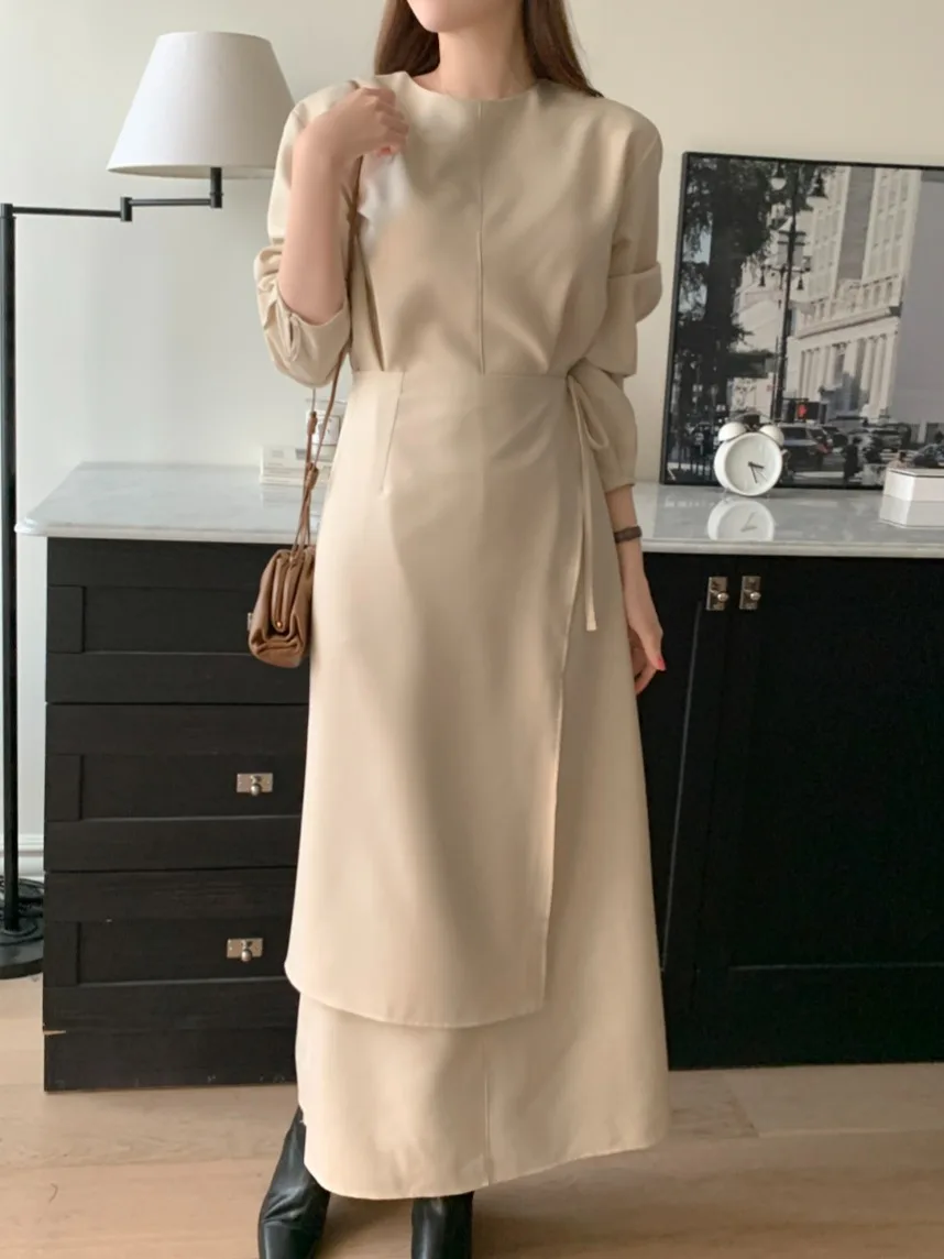 Elegant round Neck Tied Dress Women's Waist Cinching Long Dress Autumn Initial Item Layered Wear Office Commute Style Long Sl...