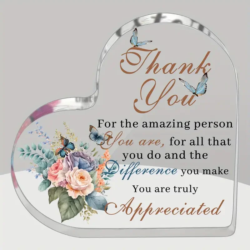 1pc Acrylic Heart Plaque Thank You Appreciation Gift with Floral and Butterfly Design - Meaningful Creative Present for Someone