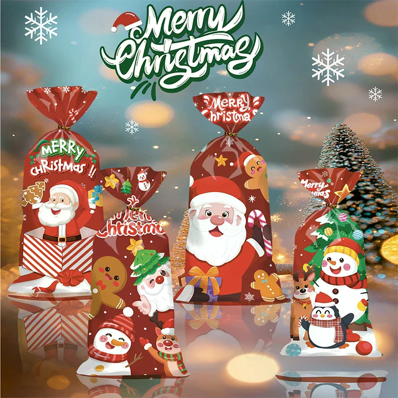 

50pcs Merry Christmas Cellophane Bags With Twist Ties Xmas Clear Cello Candy Gift Bags New Year's Eve Christmas Party Decoration