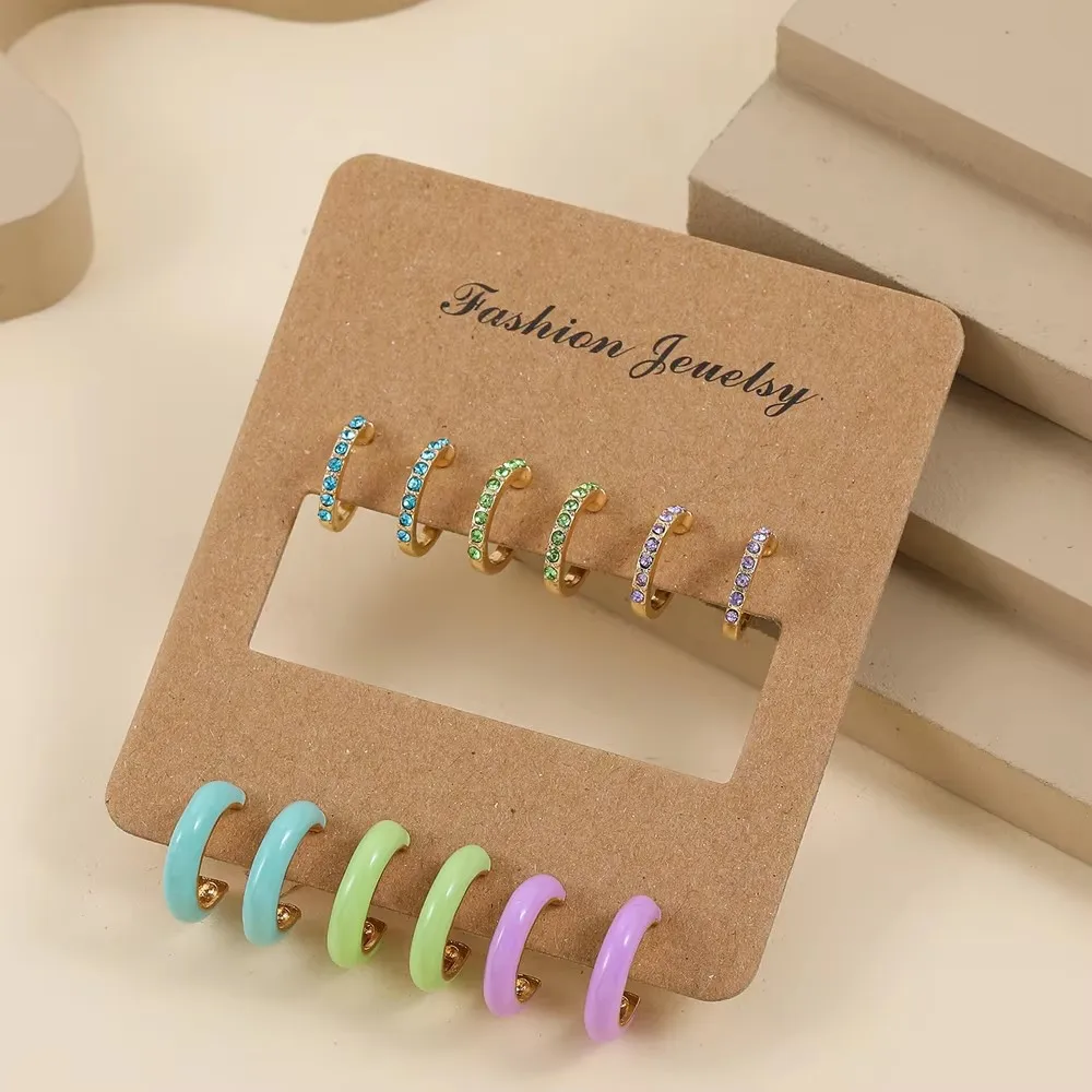 6 paare/satz Mode Tropf Öl Emaille Kleine Kreis Runde Hoop Ohrringe Frauen Mehrfarbige Zirkon Huggie Ohr Schnalle Party Club Schmuck