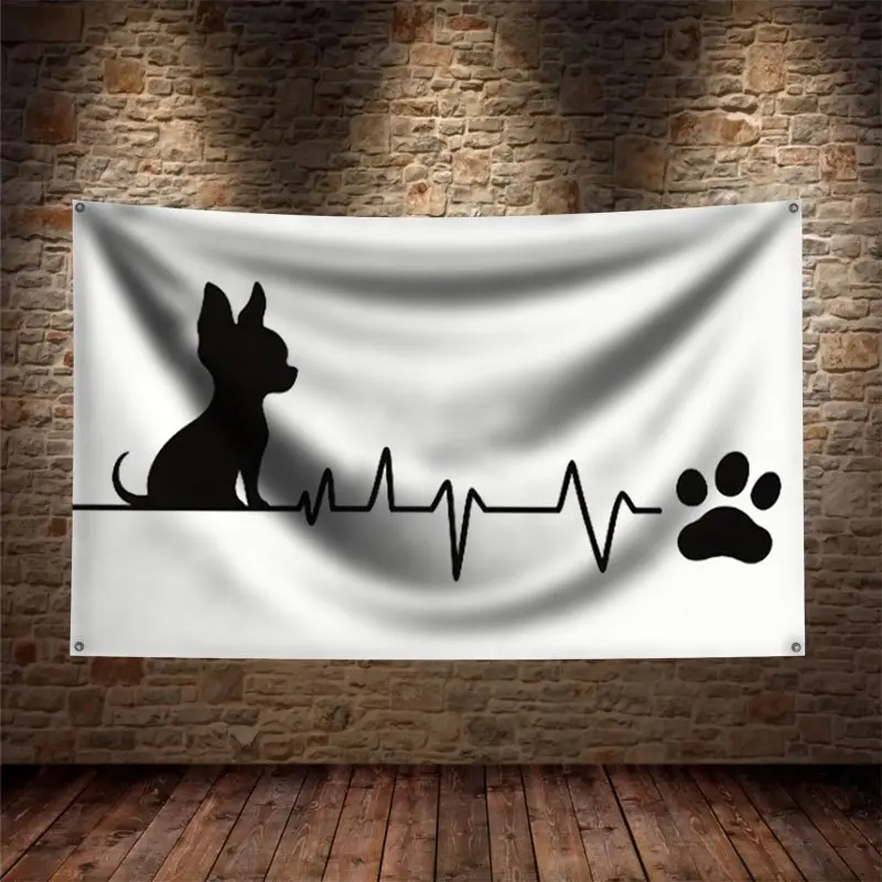 Personalized Dog Lover Wall Tapestry Banner Pet ECG Heartbeat Paw Print Silhouette Canine Gift Flag Art