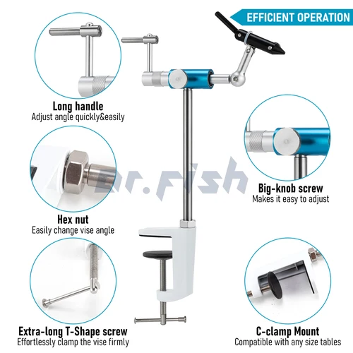 Imagen 2 del producto Tornillo de banco giratorio para atado de moscas, montaje de abrazadera en C de aluminio y acero inoxidable, mandíbulas duras de 40Cr, Material de herramienta para atar moscas de pesca, 360 grados