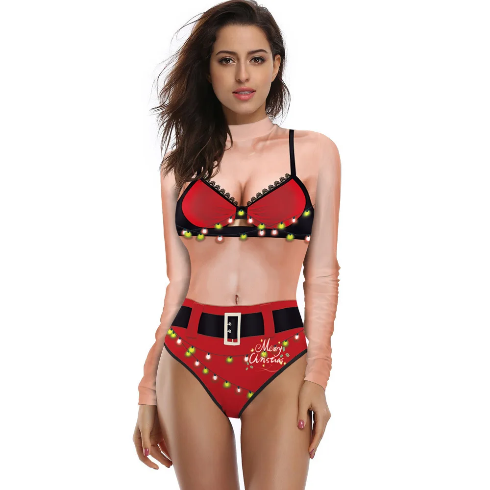 New Long Sleeve Zip Up Women Swimwear 3D Christmas Digital Print Conservative Bikini Set