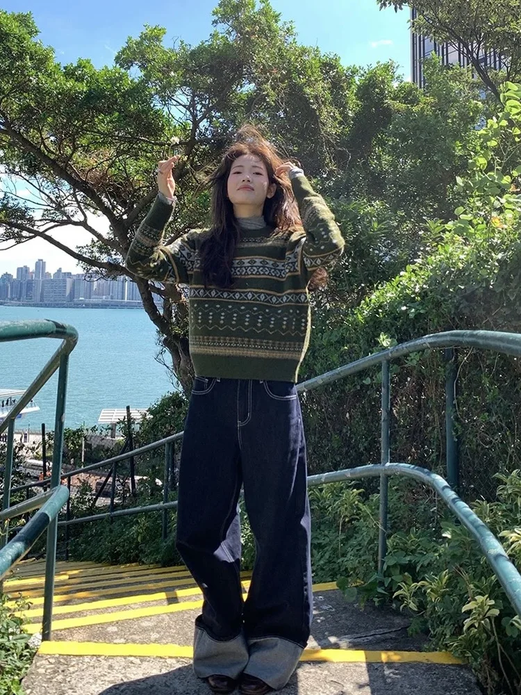 Cisas Thema Kleur Blo Gebreide Trui Dames Losse Ronde Ne Trui Zwaar Borduren Herfst Winter Bovenkleding