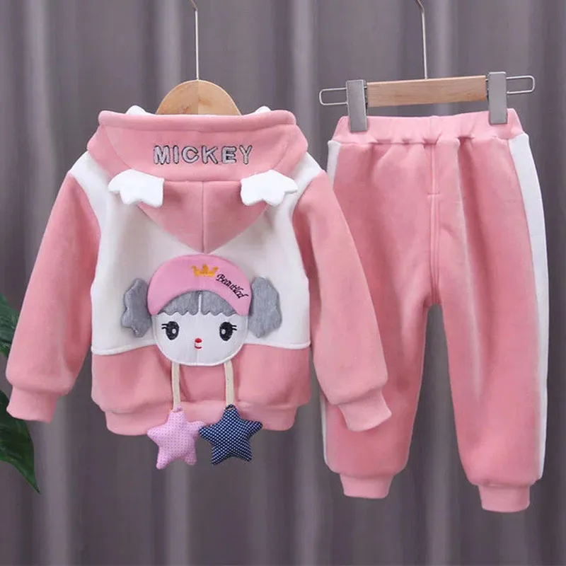 Winter Velvet Patchwork Kids 2 Piece Sets Thick Hoodies Zipper Coat Girls Conjunto Warm Plush Jogger Sweatpants Children Outfit