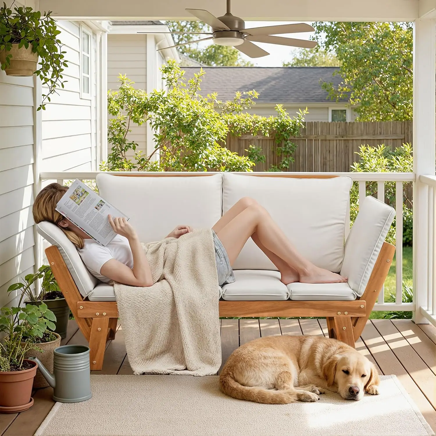 Adjustable Armrest Acacia Wood Outdoor Loveseat Soft Cushion Convertible Balcony Porch Backyard Furniture White Customized
