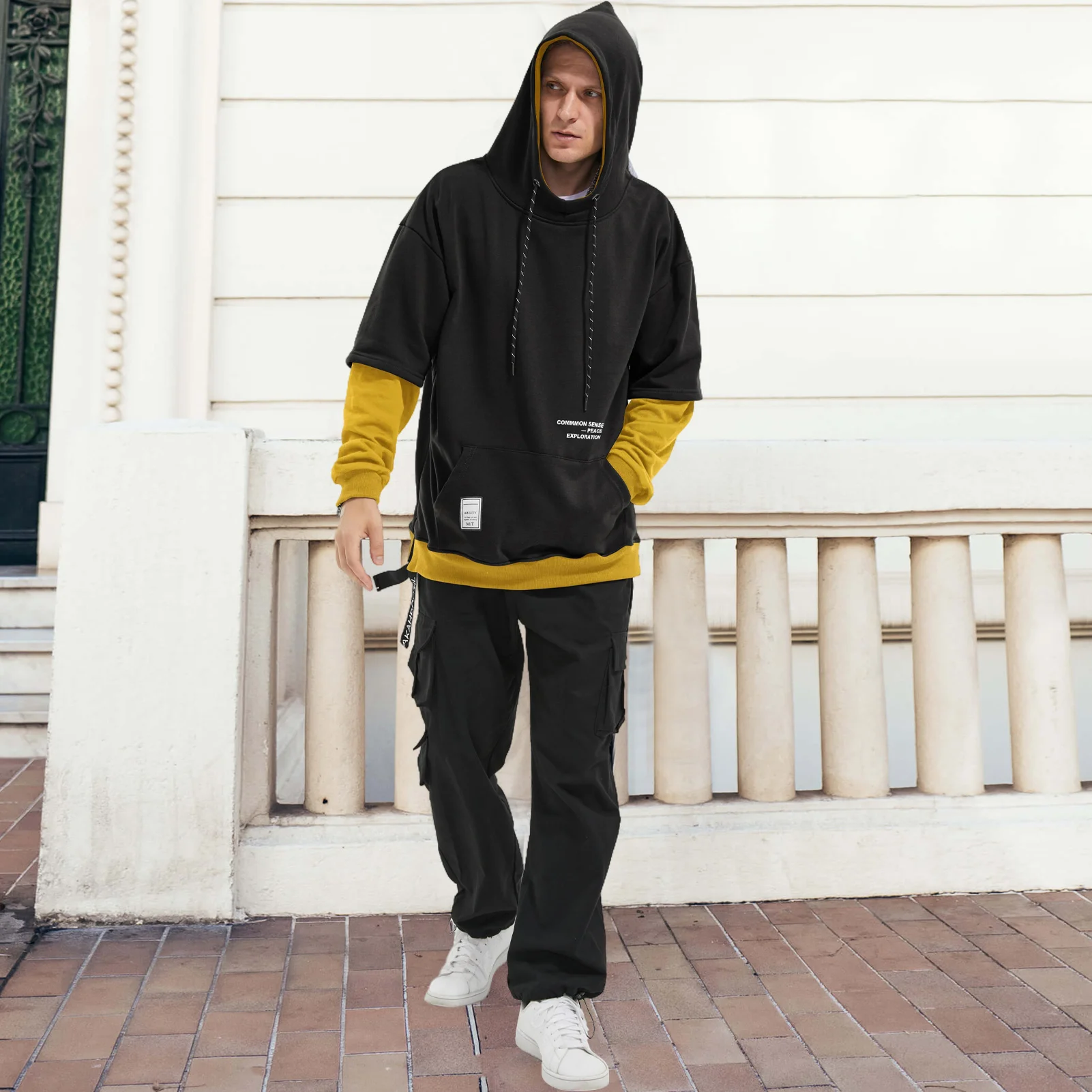 Mens Colorblock Pullover Casual Hoodie Hip Hop Tops Unisex Hooded Sweatshirt with Design