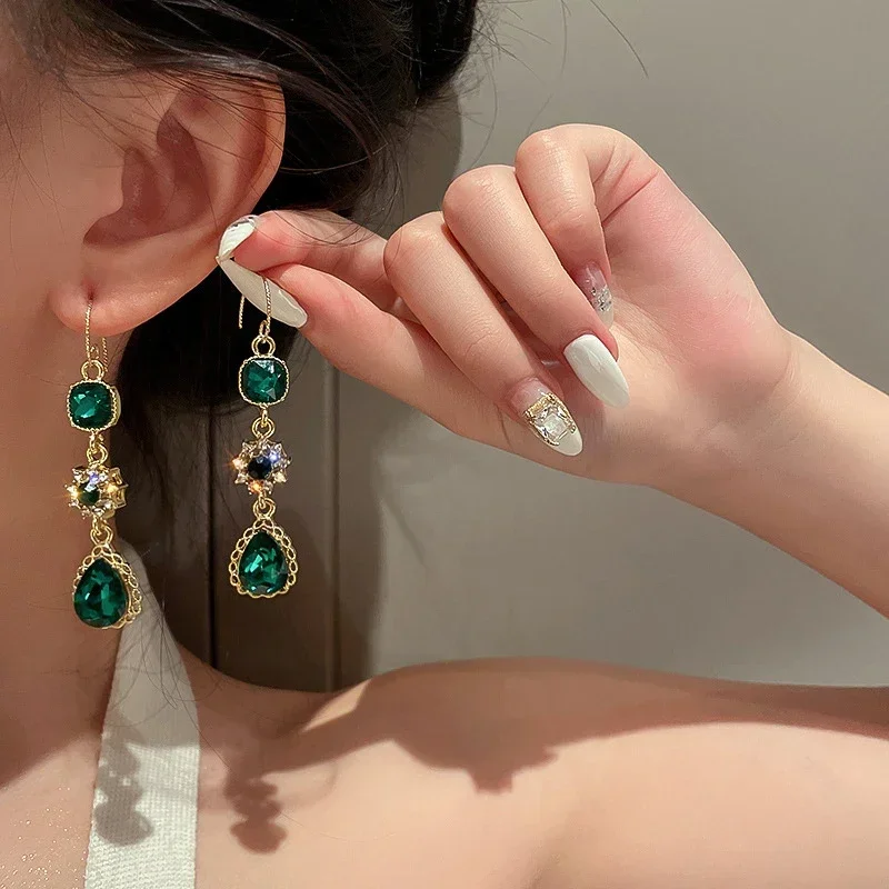 New Fashion Fine 14K Real Gold Plated Emerald Crystal Flowers Drop Earrings for Women Girl Hook Type Jewelry AAA Zirconia