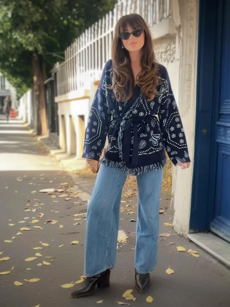 شرابة المرقعة المطبوعة سترة المرأة موضة الخامس الرقبة طويلة الأكمام ملابس خارجية فضفاضة سيدة الخريف اليومية تخفيف الشارع بالأزرار