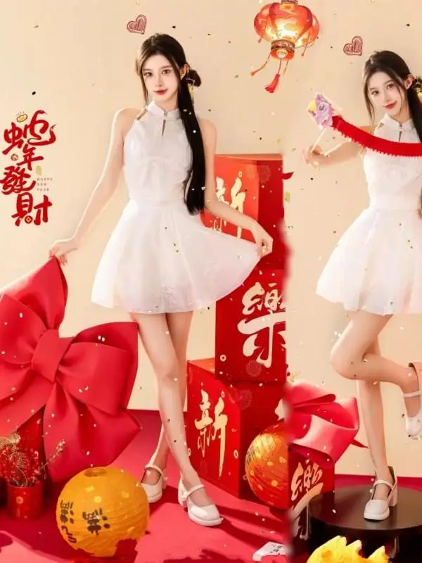 

Милое новогоднее платье для девочек, костюм для студийной фотосъемки, праздничная художественная одежда для портретов, сценический костюм из полиэстера