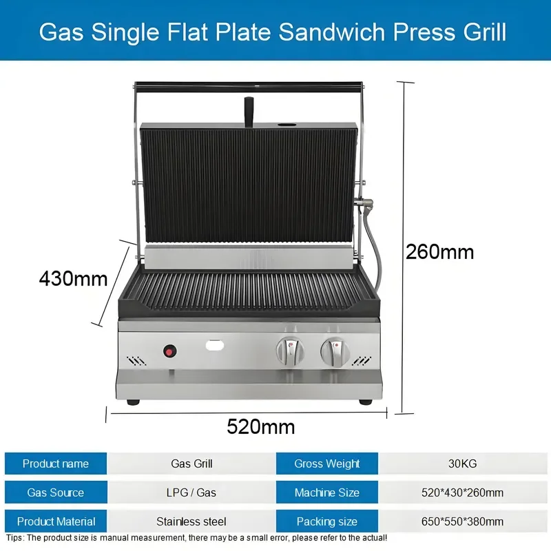 Commercial Gas Panini Press Single Head Striped Plate Sandwich Maker Stainless Steel LPG Grill Oven for Restaurant Kitchen