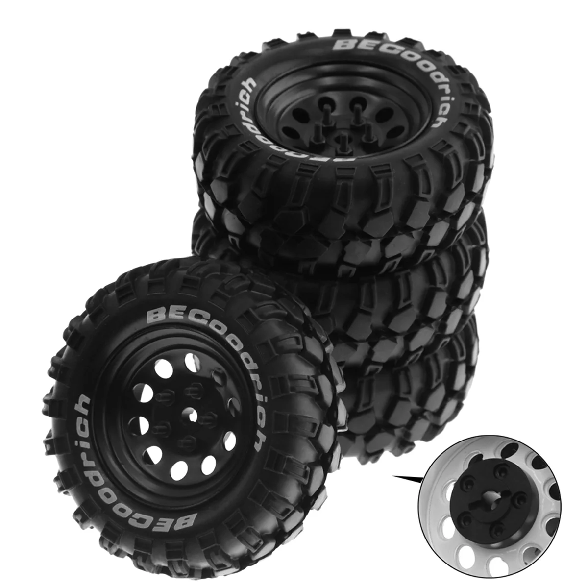 4Pcs 93mm Metal 1.9Inch Beadlock Wheel Rim Rubber Tire Set for Traxxas 1/10 RC Crawler Car,Slotted Adapter,Black